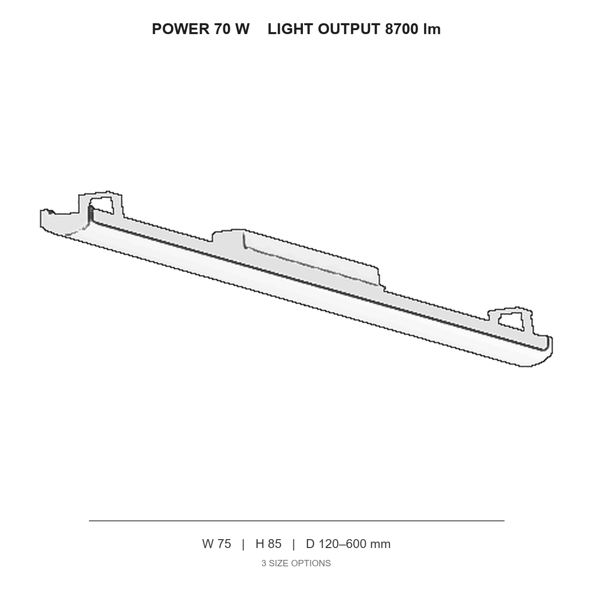 چراغ خطی صنعتی دیواری، روکار و آویز تریتون technical dimensions